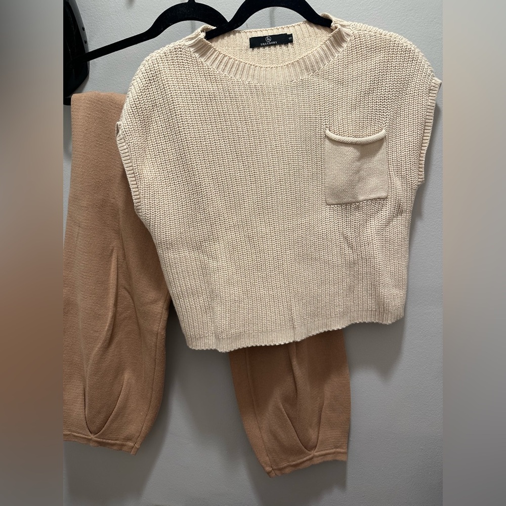 Cream Knit Top and Tan Pants Set Size S